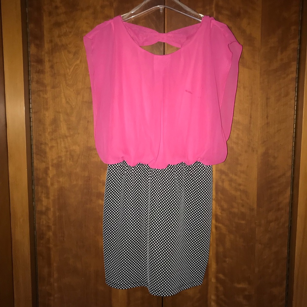 Accidentally In Love Hot Pink Blouson Top Black & White Polka Dot Mini Dress